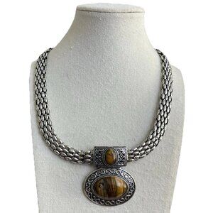 Vintage Tiger's Eye Silver Tone Women’s Necklace Chain 2 Pendants Elegant Sz 22”